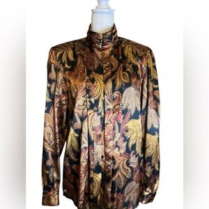 Marlis Vintage Black & Gold Baroque Pattern Blouse 80s Glam Mock size 10
